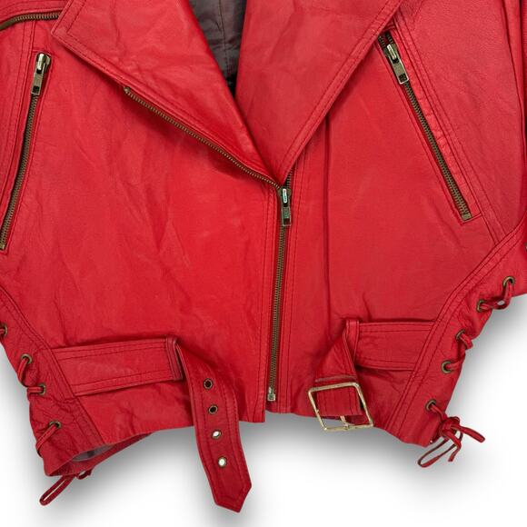 Vintage Cherry Red Leather Cropped Motorcycle Jacket Belt Size 38 - Picture 8 of 11